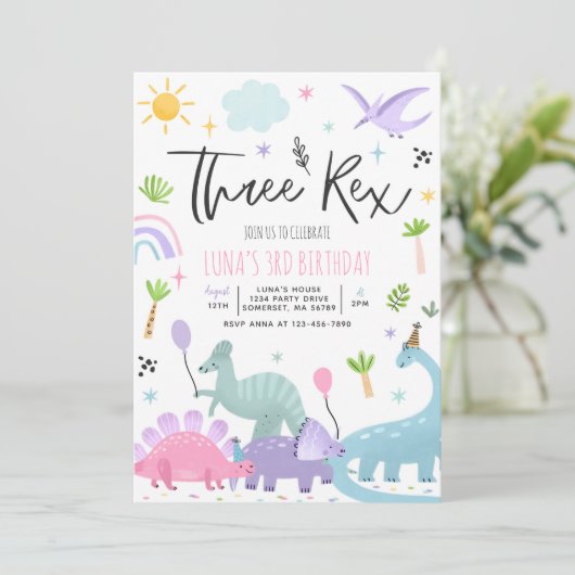 Invitation Dinosaur Trois Rex 3e fête d'anniversaire (Debout devant)