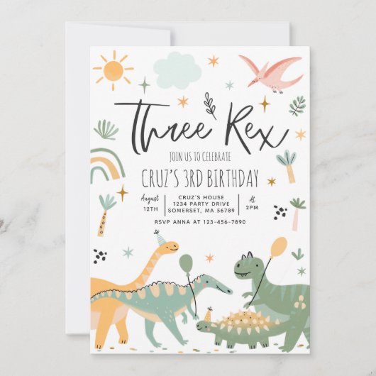 Invitation Dinosaur Trois Rex 3e fête d'anniversaire (Devant)