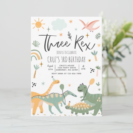 Invitation Dinosaur Trois Rex 3e fête d'anniversaire (Debout devant)