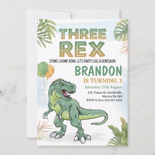 Invitation Dinosaur Trois Rex 3e fête d'anniversaire (Devant)
