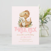 Invitation Dinosaur Trois Rex 3e fête d'anniversaire fille ro (Debout devant)