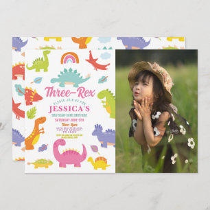Invitation Dinosaur Trois Rex Cute Girls Pink Party Photo