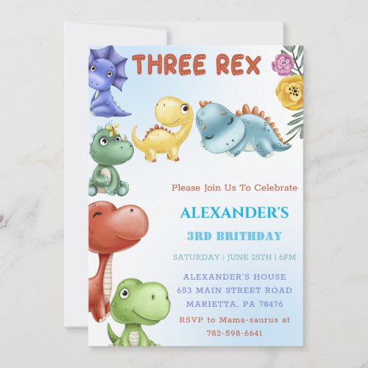 Invitation Dinosaur Trois Rex fête d'anniversaire (Devant)
