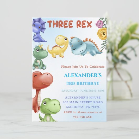 Invitation Dinosaur Trois Rex fête d'anniversaire (Debout devant)