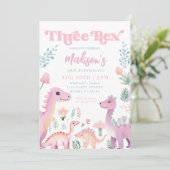 Invitation Dinosaur Trois Rex Girl rose 3e fête d'anniversair (Debout devant)