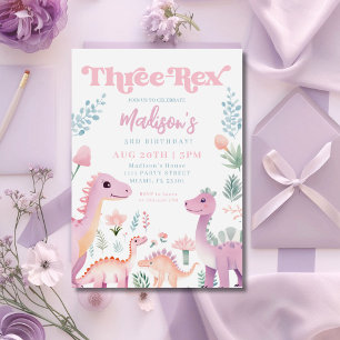 Invitation Dinosaur Trois Rex Girl rose 3e fête d'anniversair