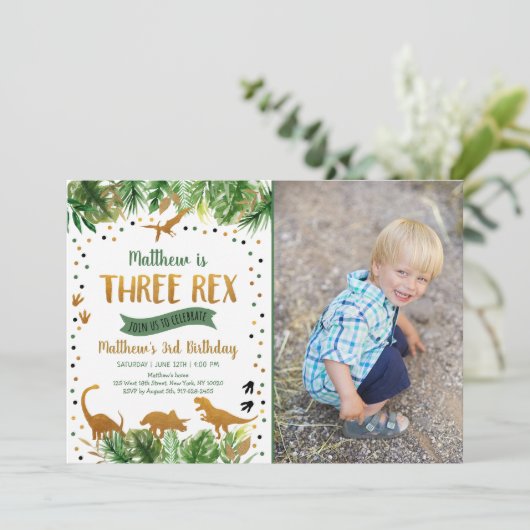 Invitation Dinosaur Trois Rex Vert Anniversaire (Debout devant)