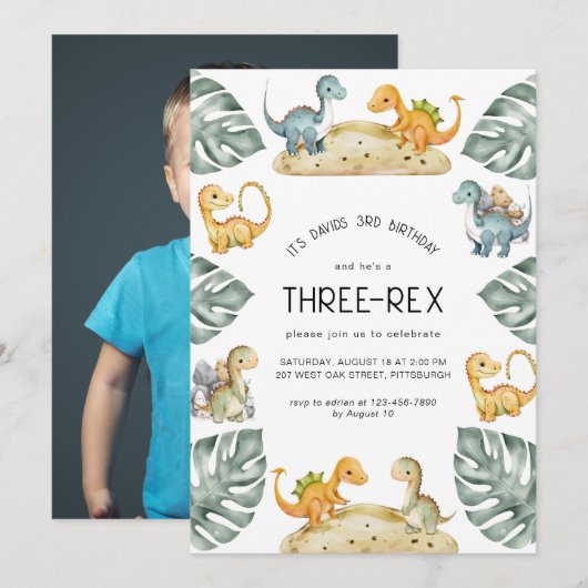 Invitation Dinosaur Troisième anniversaire photo à trois Rex (Devant / Derrière)