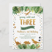 Invitation Dinosaur Vert Or Troisième anniversaire (Devant)