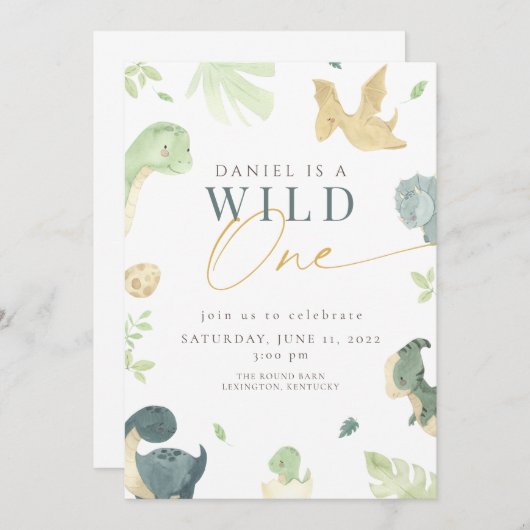 Invitation Dinosaur Wild One 1er anniversaire fête d'annivers (Devant / Derrière)