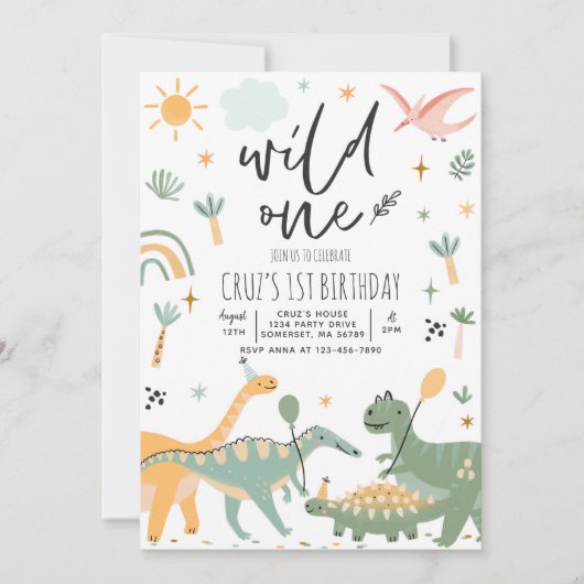 Invitation Dinosaur Wild One 1ère fête d'anniversaire T-Rex  (Devant)