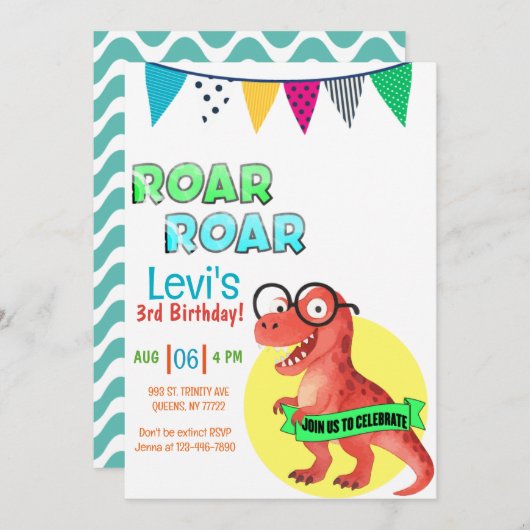 Invitation Dinosaur Young Wild anniversaire (Devant / Derrière)