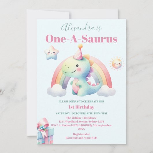 Invitation Dinosaure 1er Anniversaire Coloré Cute (Devant)
