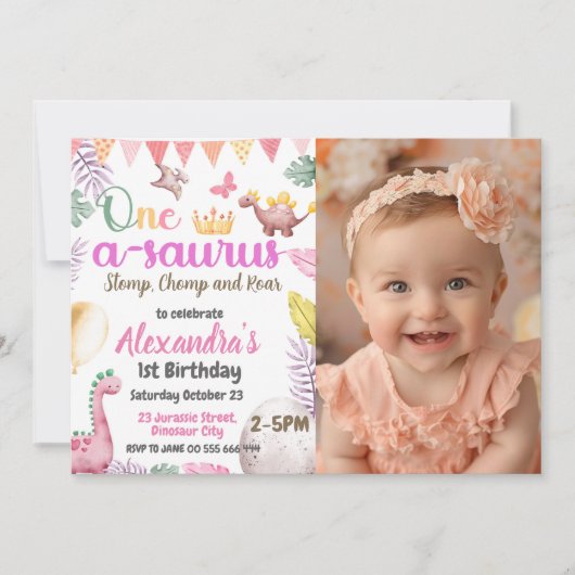 Invitation Dinosaure 1er anniversaire Photo One-A-Saurus Girl (Devant)