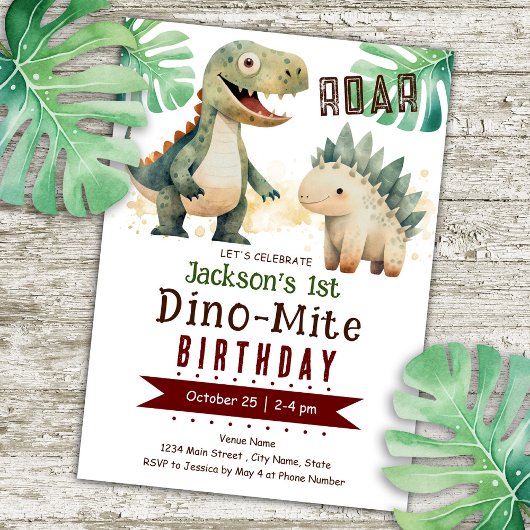 Invitation Dinosaure 1er aquarelle d'anniversaire