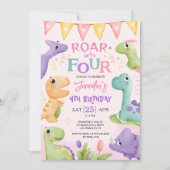 Invitation Dinosaure 4e anniversaire Pink mignon Roar en quat (Devant)
