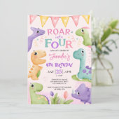 Invitation Dinosaure 4e anniversaire Pink mignon Roar en quat (Debout devant)