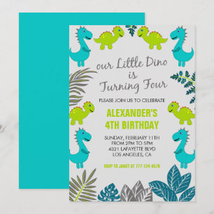 Invitation Dinosaure 4ème anniversaire jungle vert t rex mign