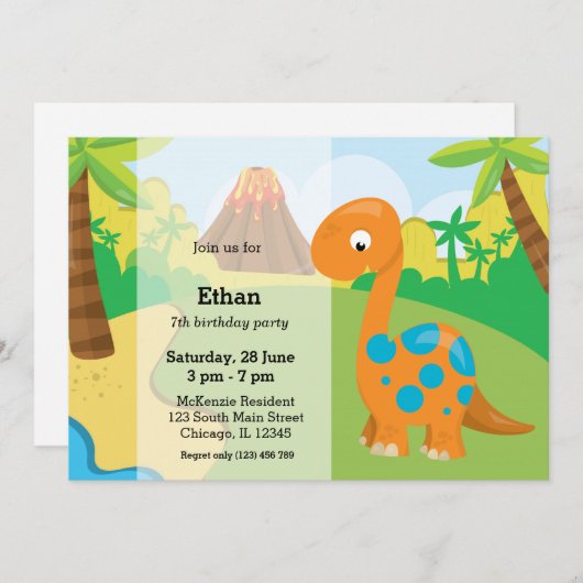 Invitation Dinosaure adorable (Devant / Derrière)