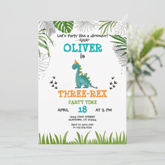 Invitation Dinosaure Anniversaire Garçon aquarelle turquoise (Debout devant)