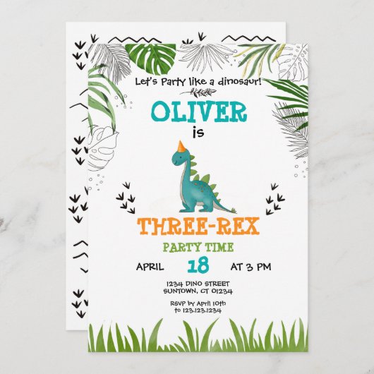 Invitation Dinosaure Anniversaire Garçon aquarelle turquoise (Devant / Derrière)