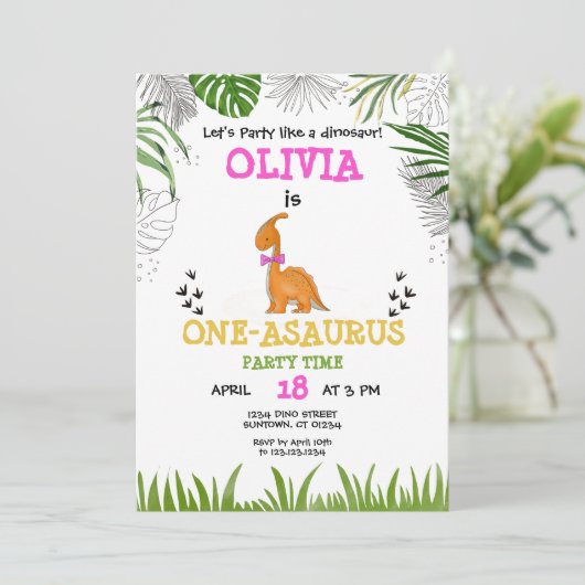 Invitation Dinosaure Aquarelle d'anniversaire rose orange ver (Debout devant)