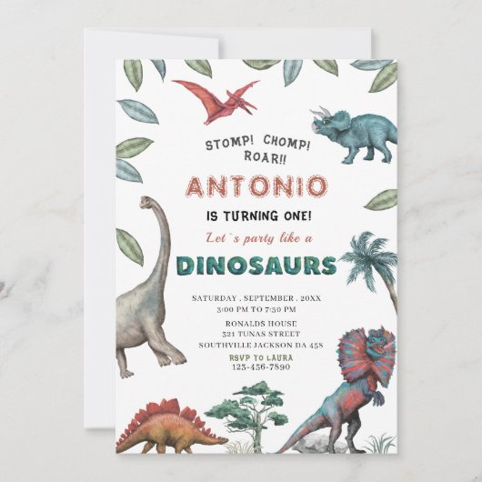 Invitation Dinosaure aquarelle estomac chompe roar partie ann (Devant)