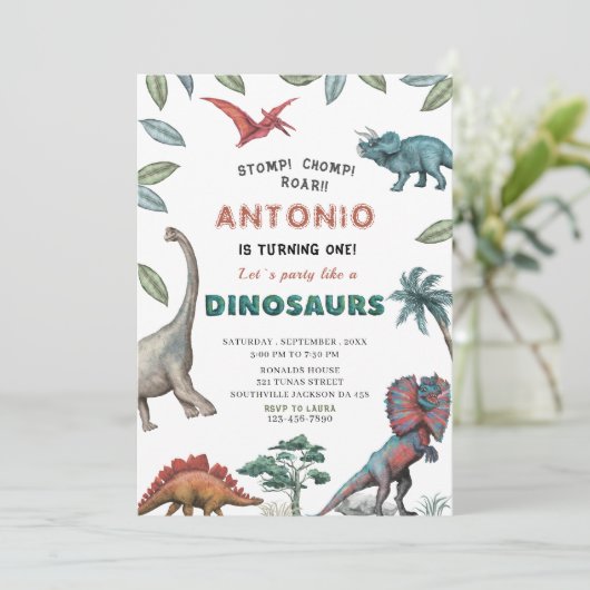 Invitation Dinosaure aquarelle estomac chompe roar partie ann (Debout devant)