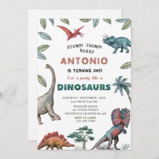 Invitation Dinosaure aquarelle estomac chompe roar partie ann