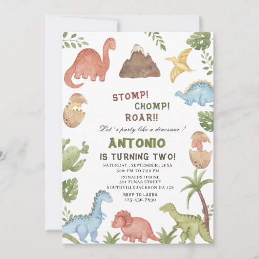 Invitation Dinosaure aquarelle estomac chompe roar partie ann (Devant)