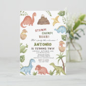 Invitation Dinosaure aquarelle estomac chompe roar partie ann (Debout devant)