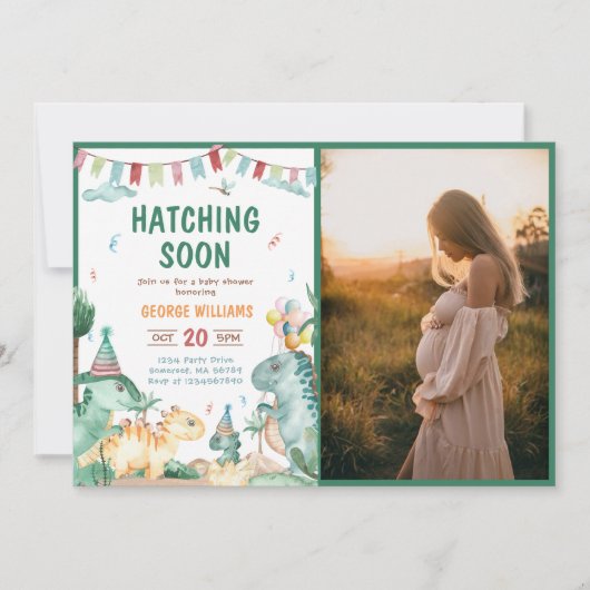 Invitation Dinosaure Aquarelle Hatching Bientôt Baby shower (Devant)
