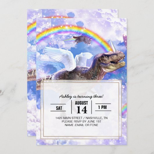 Invitation dinosaure arc-en-ciel unicorne dinocorne (Devant / Derrière)