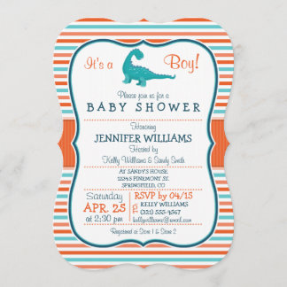 Invitation Dinosaure ; Baby shower Turquoise & Orange Stripes