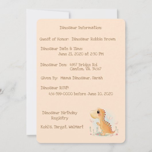 Invitation Dinosaure bébé Brown fête d'anniversaire (Dos)