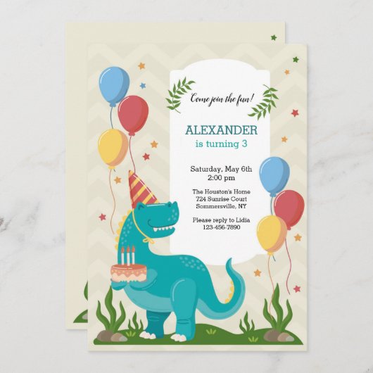 Invitation Dinosaure Bleu (Devant / Derrière)