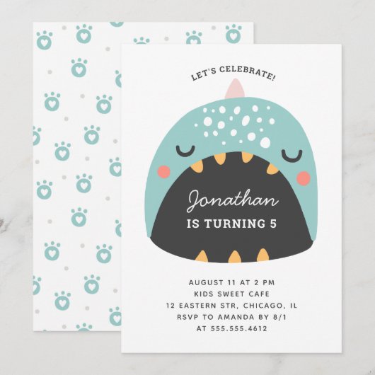 Invitation Dinosaure bleu. Dino amusant pour les enfants. Béb (Devant / Derrière)