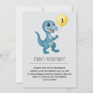 Invitation Dinosaure Bleu Heureux Tenant un Ballon d'Annivers