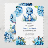 Invitation Dinosaure Bleu mignon avec Baby shower garçon Flor (Devant / Derrière)