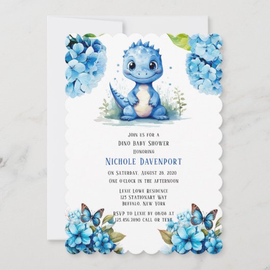 Invitation Dinosaure Bleu mignon avec Baby shower garçon Flor (Devant)