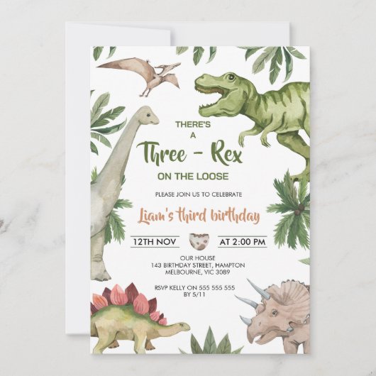 Invitation Dinosaure Brown Rustique Vert Trois Rex (Devant)