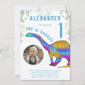Invitation Dinosaure coloré 1er anniversaire fête (Devant)