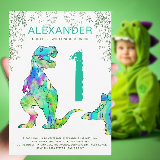 Invitation Dinosaure coloré 1er anniversaire fête