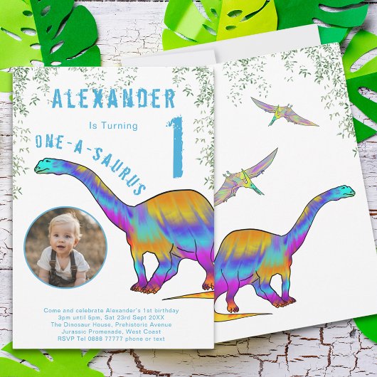 Invitation Dinosaure coloré 1er anniversaire fête
