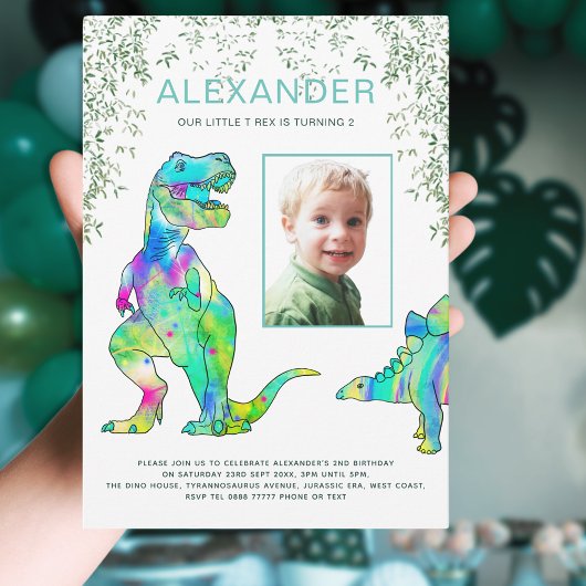 Invitation Dinosaure coloré 2e fête d'anniversaire Photo