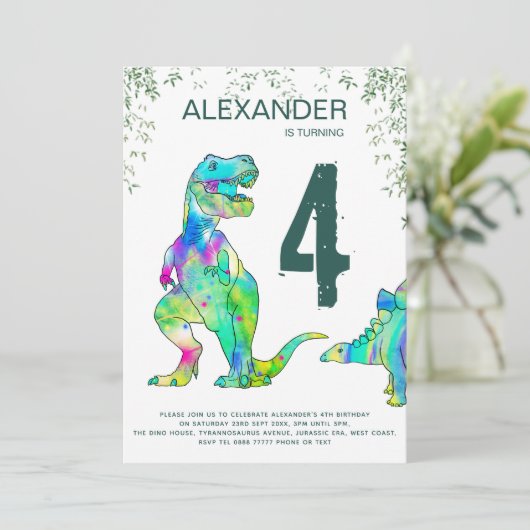 Invitation Dinosaure coloré fête d'anniversaire (Debout devant)