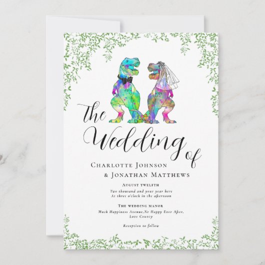 Invitation Dinosaure coloré Mariage à thème (Devant)