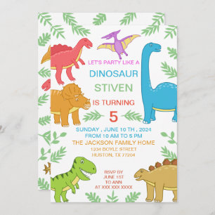 Invitation Dinosaure coloré mignon Anniversaire
