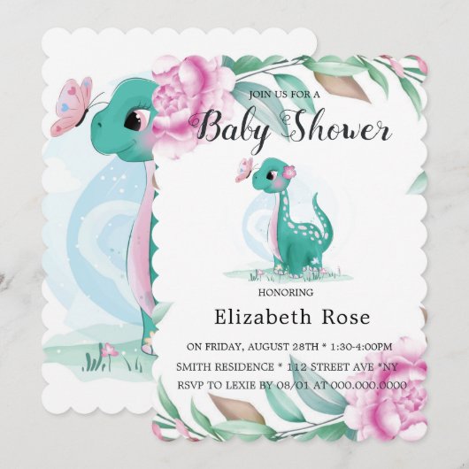 Invitation Dinosaure Cute Avec Peony Rose Baby Girl Douche (Devant / Derrière)