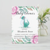 Invitation Dinosaure Cute Avec Peony Rose Baby Girl Douche (Debout devant)